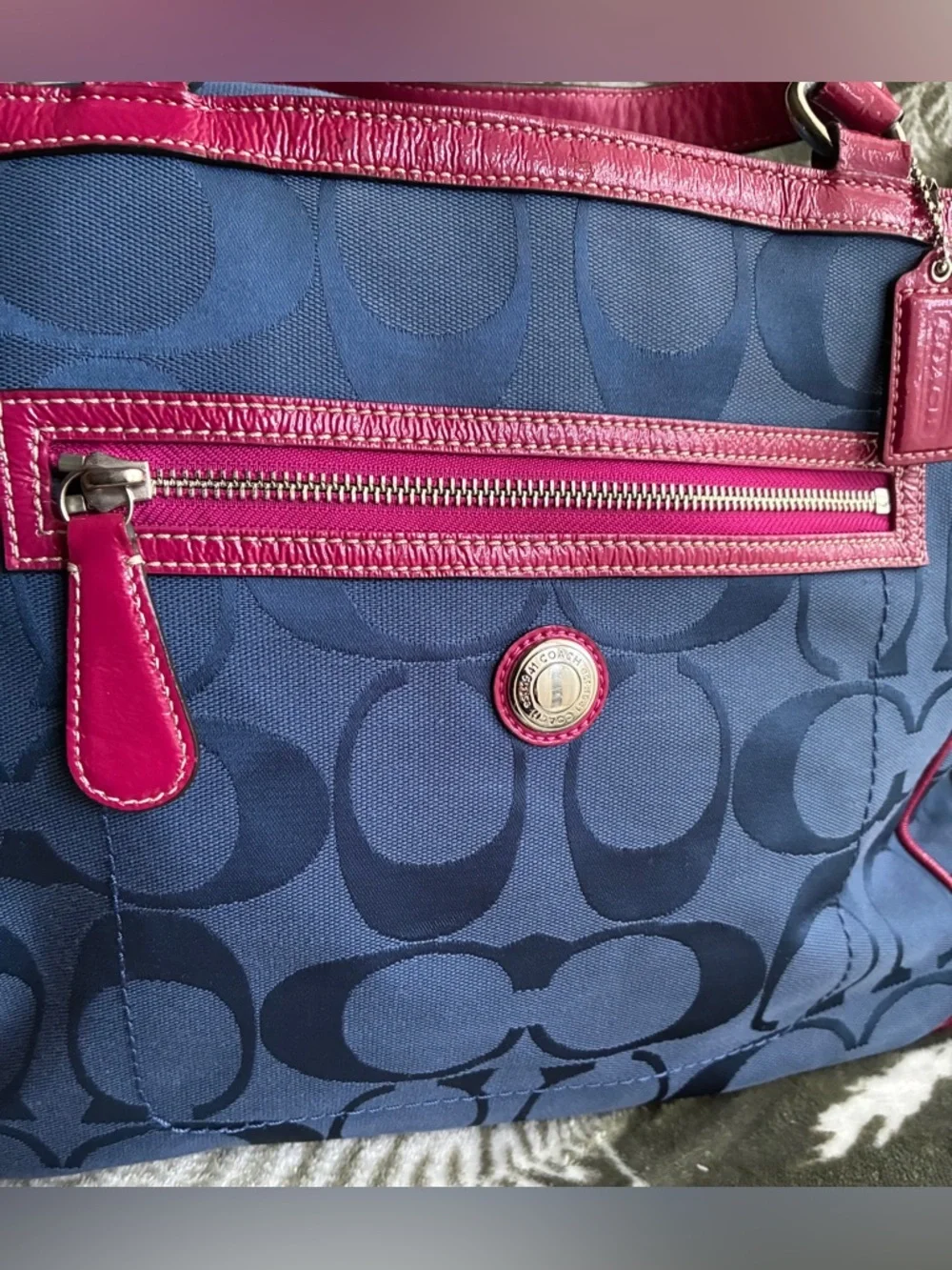 Coach Navy Signature shoulder Bag with Pink Leather Trim